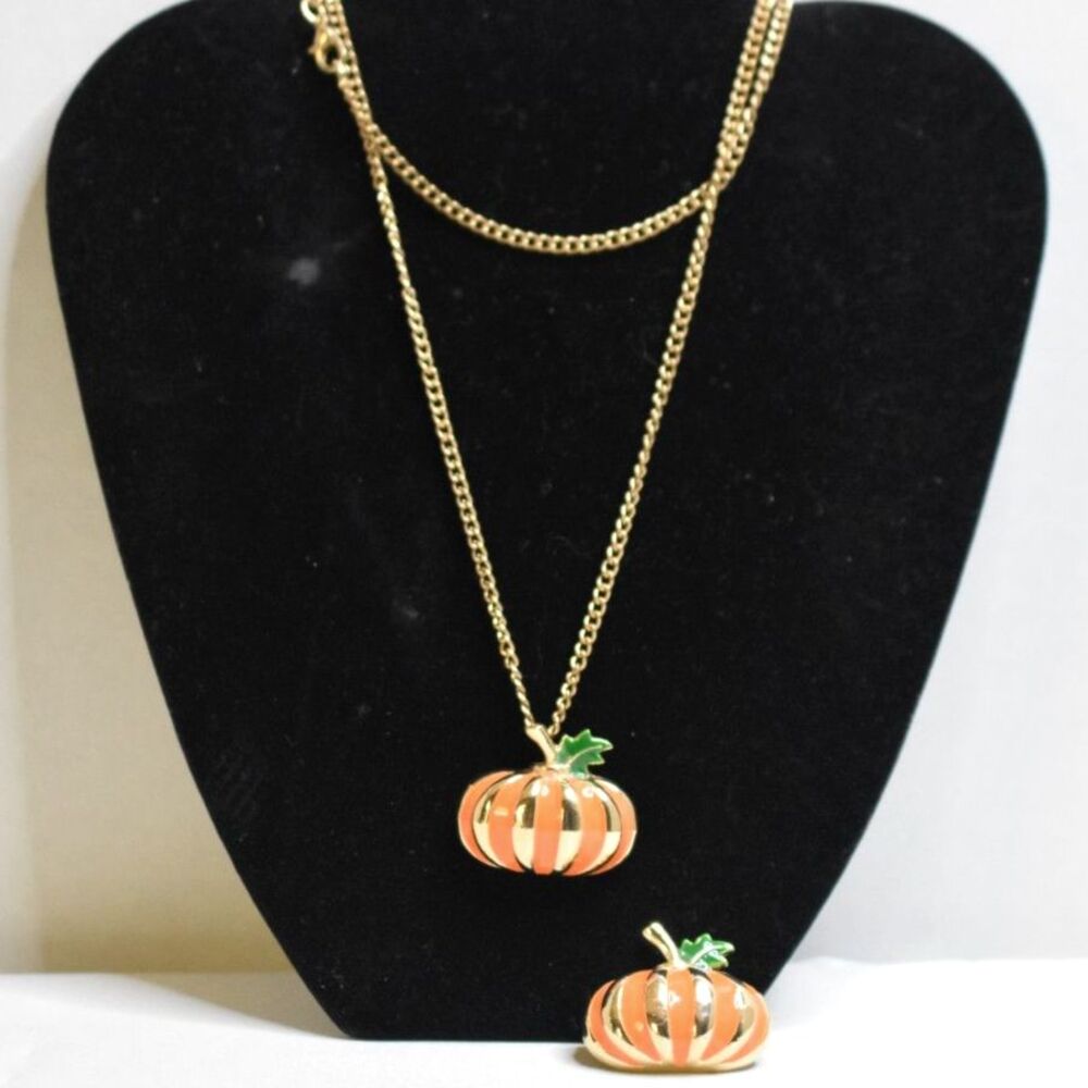Charming 3D Gold Accent Orange Enamel Pumpkin Brooch With 30" Pendant Necklace